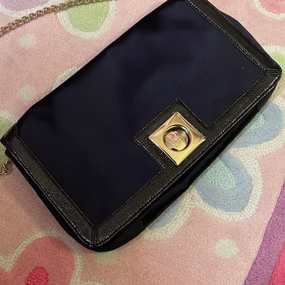Black kate spade purse black satin trimmed in patent leather gold interior